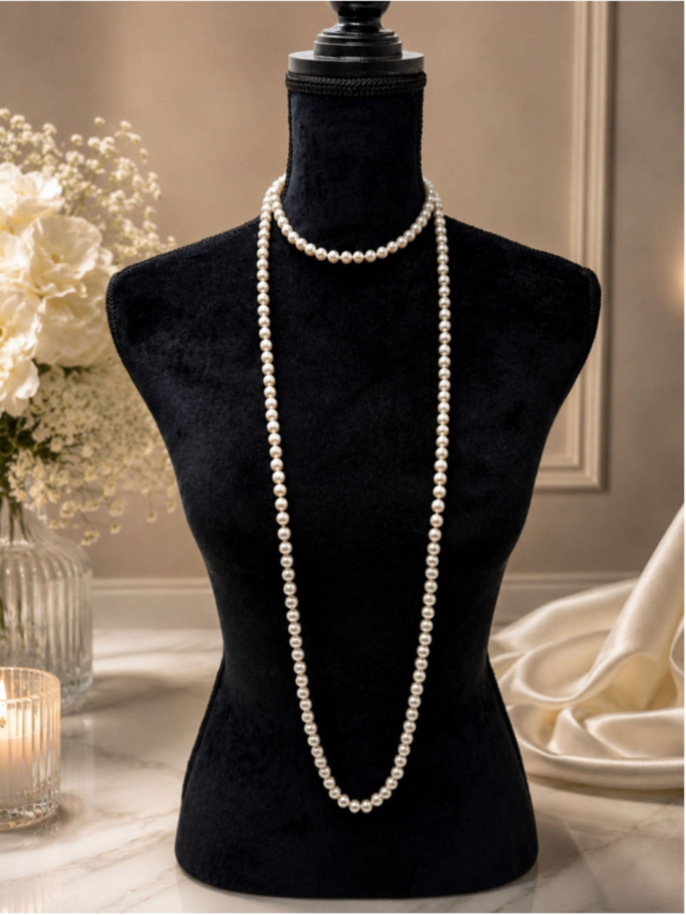 Vintage 30" Graduated Faux Pearl Necklace Hand Knotted Classic Long Strand
